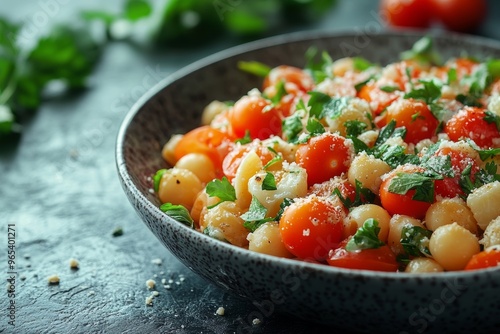 Traditional Italian gnocchi pasta salad with cherry tomatoes, parmesan cheese and parsley - Generative AI