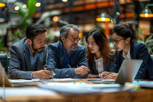 group of diverse business professionals brainstorming ideas and collaborating on a project in a modern office setting.