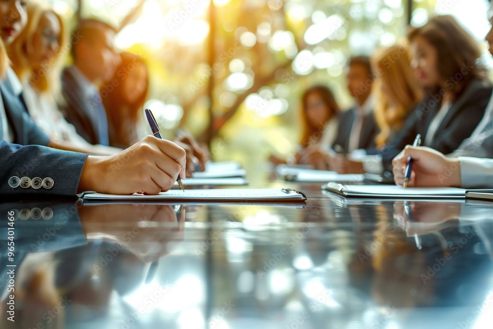 group of corporate recruitment officers sitting around a table, pens raised, as they conduct interviews for a professional vacancy. group of corporate recruitment officers sitting around a table, pens raised, as they conduct interviews for a professional vacancy.