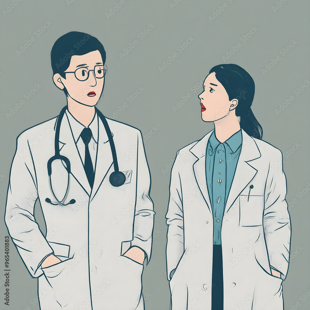 Two doctors standing side by side, both wearing white lab coats. The doctor on the left has a stethoscope around the neck, while the doctor on the right has a pen in the pocket Two doctors standing side by side, both wearing white lab coats. The doctor on the left has a stethoscope around the neck, while the doctor on the right has a pen in the pocket
