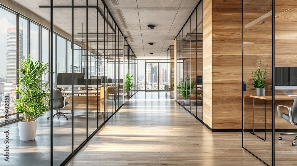 Interior of modern office with wooden walls, concrete floor, panoramic windows and rows of black and wooden computer tables Interior of modern office with wooden walls, concrete floor, panoramic windows and rows of black and wooden computer tables