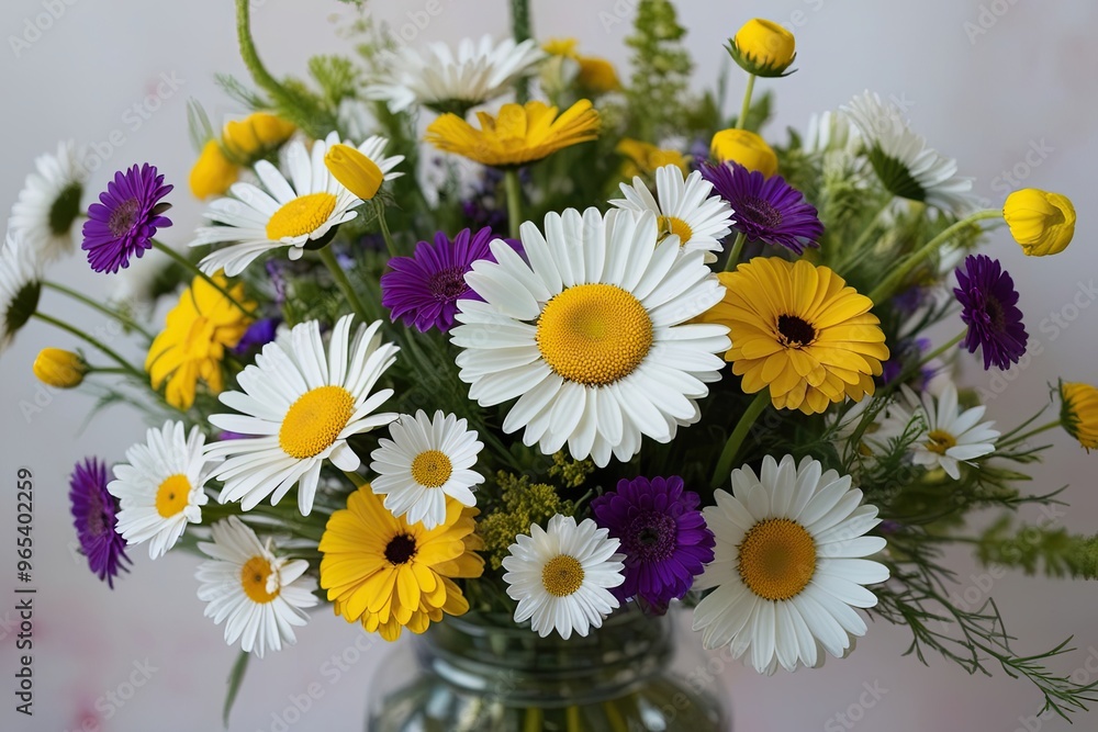 Obraz premium Vibrant Watercolor Daisy Bouquet Featuring Bright White Yellow Wildflowers and Purple Accents for Spring Decor