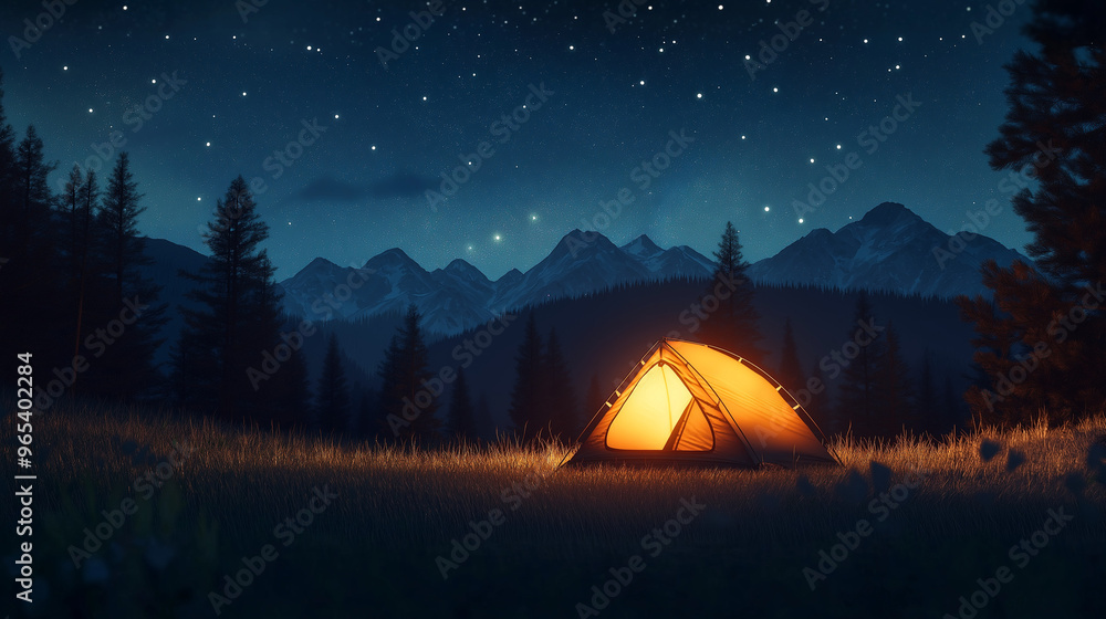 A lit tent nestled beneath a sparkling night sky, with towering mountains in the distance, symbolizing the peacefulness and adventure of an outdoor escape. A lit tent nestled beneath a sparkling night sky, with towering mountains in the distance, symbolizing the peacefulness and adventure of an outdoor escape.
