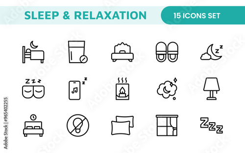 Sleep and Relaxation Icon Collection: Perfect for Wellness Apps, Meditation Tools, Sleep Aids, Stress Relief Techniques, and Calm Living Spaces.