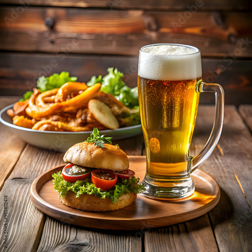 Peruvian food and beer served at a restaurant's table with customers.