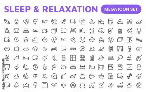 Sleep and Relaxation Icon Collection: Perfect for Wellness Apps, Meditation Tools, Sleep Aids, Stress Relief Techniques, and Calm Living Spaces.