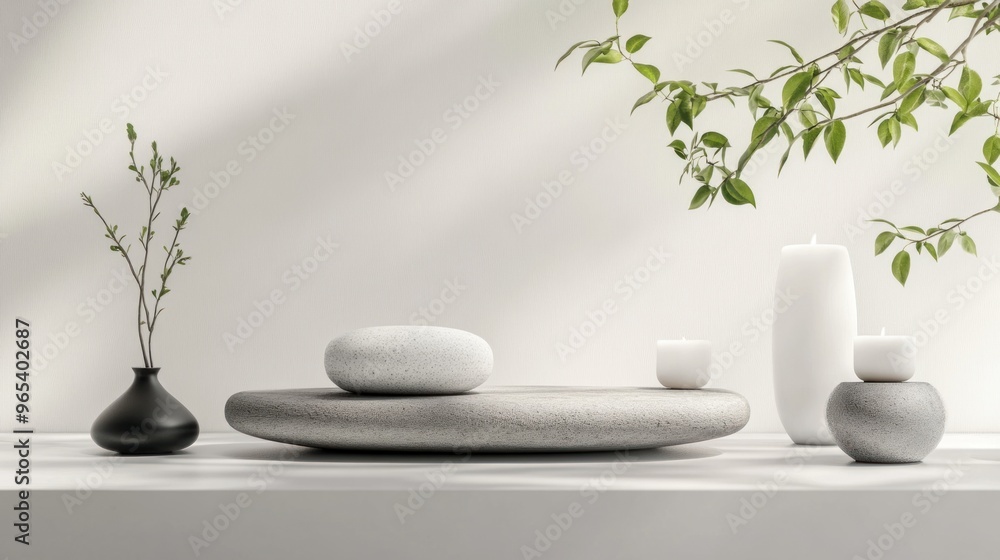 Minimalist Zen-Inspired Still Life with Stone, Candles, and Plants Minimalist Zen-Inspired Still Life with Stone, Candles, and Plants