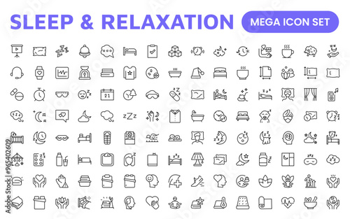 Sleep and Relaxation Icon Collection: Perfect for Wellness Apps, Meditation Tools, Sleep Aids, Stress Relief Techniques, and Calm Living Spaces.