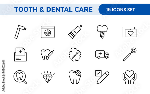 Complete Tooth and Dental Care Icon Collection: Perfect for Oral Hygiene, Dentist Tools, Preventive Measures, Whitening Solutions, and Comprehensive Dental Care