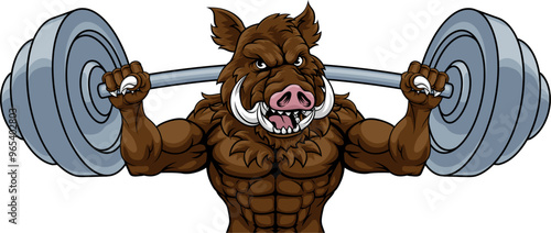 A boar razorback hog weight lifting gym animal sports mascot lifting a barbell