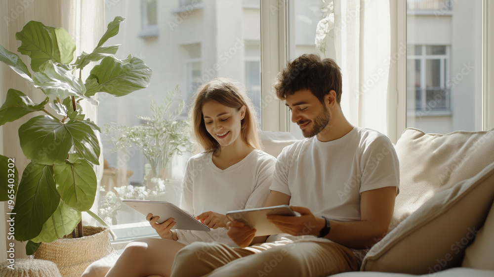 A young couple enjoys reading eco-friendly e-ink tablets in their minimalist living room filled with sunlight A young couple enjoys reading eco-friendly e-ink tablets in their minimalist living room filled with sunlight