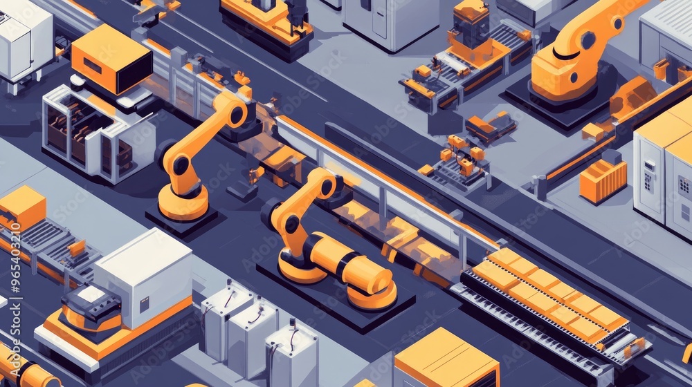 A modern OEM assembly line with robots working alongside humans, efficiently assembling products. A modern OEM assembly line with robots working alongside humans, efficiently assembling products.