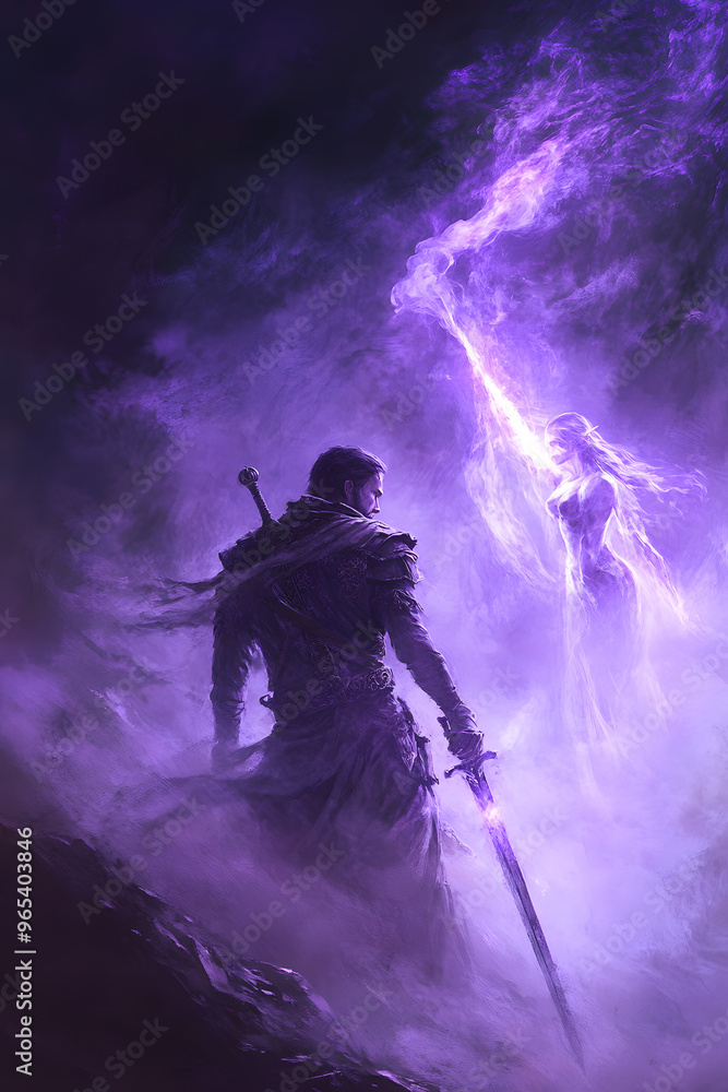 Obraz premium A strong looking mage in his thirties with a short beard, wielding a short sword glowing with dark purple energy