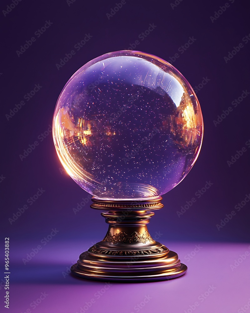 Close-up of a mysterious crystal ball on a stand, ultra-sharp focus, solid deep purple background
