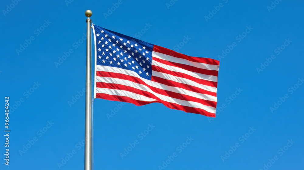 Fototapeta premium American flag waving against a clear blue sky, symbolizing pride, freedom, and patriotism in the United States.