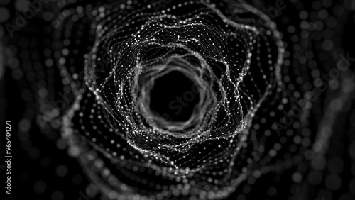 Futuristic dynamic wireframe tunnel on black background. Digital data flow. Progressive IT technologies. 3d rendering.	