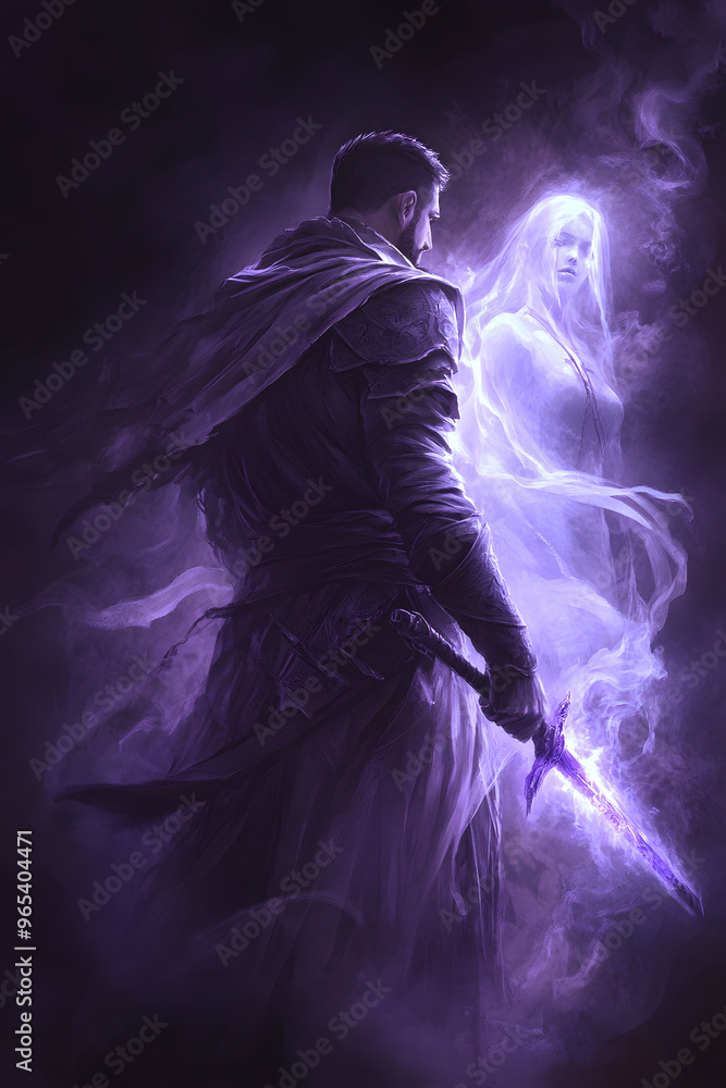 A strong looking mage in his thirties with a short beard, wielding a short sword glowing with dark purple energy