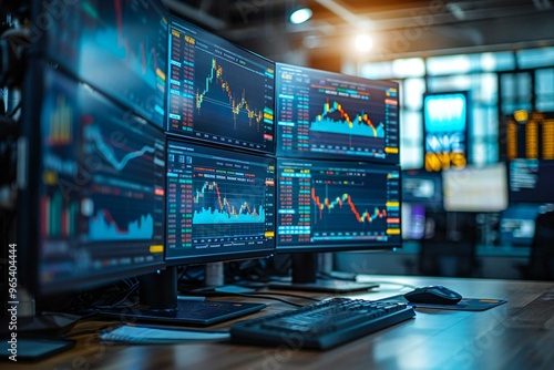 close-up shot of a stock broker's computer screens during a busy trading day in a bull market, with multiple ascending graphs and ticker symbols reflecting the fast-paced world of buying