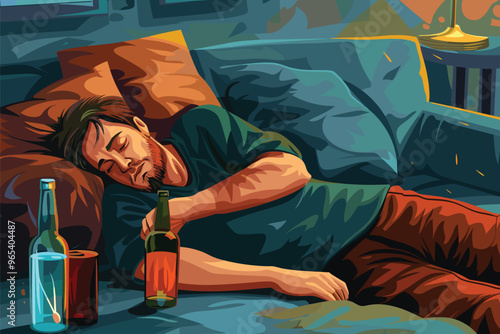 Hangover Headache: Unhappy Man Lies on Couch after Night of Excessive Alcohol Consumption