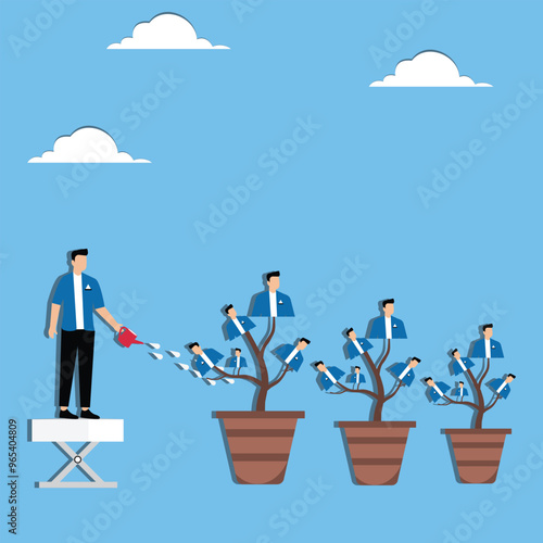 Organizational Growth. Servant leadership, Human Resources Management for Career Growth. Manager Watering Growing Tree with Employees