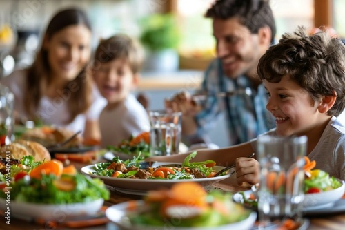 candid photo capturing a happy family eating a nutritious meal together at their dining table.