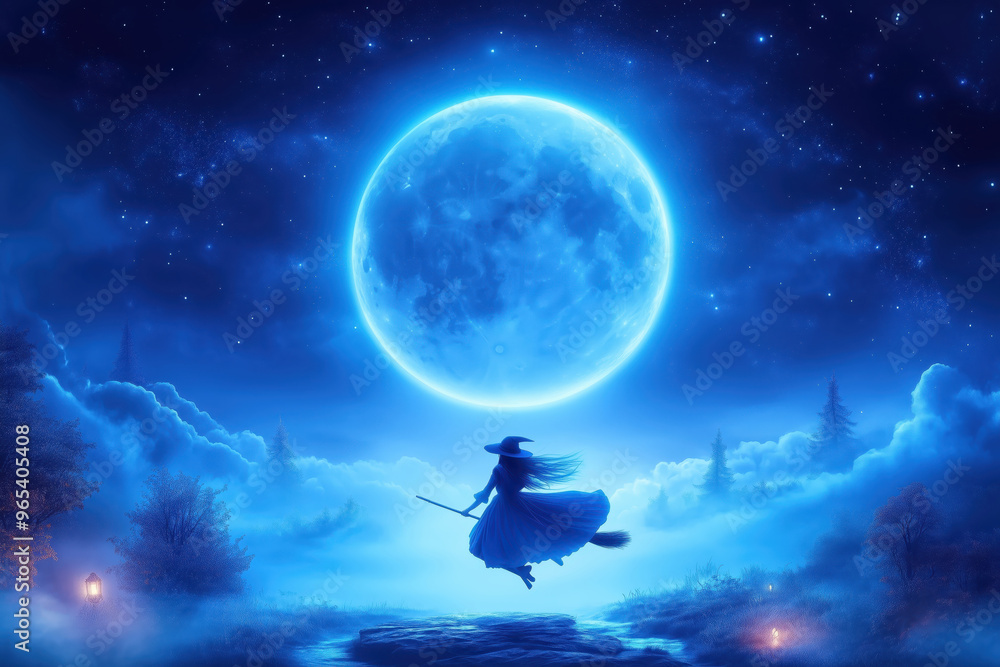 Enchanted Moonlight Flight: A solitary witch, silhouetted against a mesmerizing blue moon, soars through a mystical, fog-laden forest, her broom casting a faint glow. Enchanted Moonlight Flight: A solitary witch, silhouetted against a mesmerizing blue moon, soars through a mystical, fog-laden forest, her broom casting a faint glow.