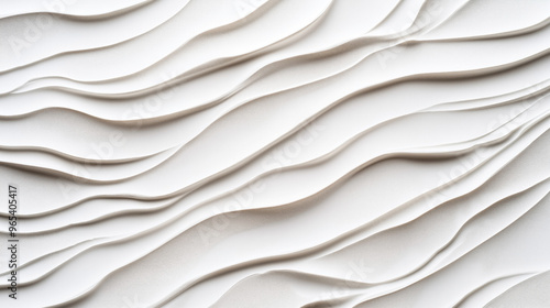 Fototapeta Naklejka Na Ścianę i Meble -  Abstract white 3D wall panel texture with wavy patterns and soft shadows. Minimalist modern design suitable for backgrounds, interior decorations, and artistic displays.