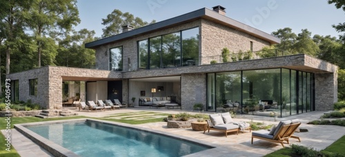 Modern two-story stone house with glass doors and windows, rooft