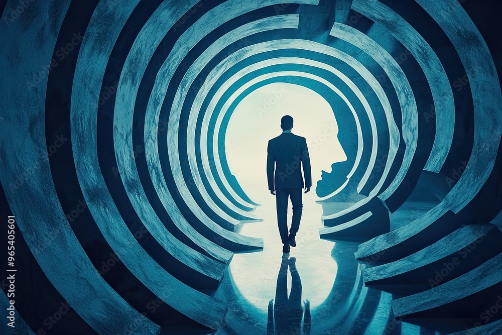 Businessman looking at the exit of a dark corridor with glowing light Businessman looking at the exit of a dark corridor with glowing light