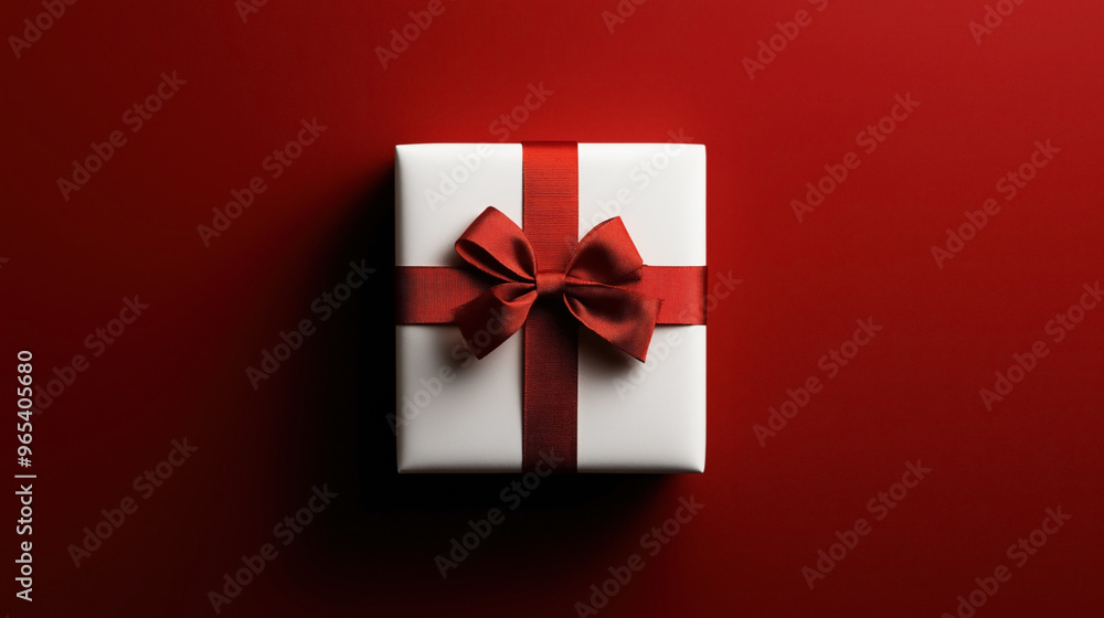 White gift box with red ribbon and bow on a red background, showcasing a simple yet elegant holiday or special occasion present. White gift box with red ribbon and bow on a red background, showcasing a simple yet elegant holiday or special occasion present.