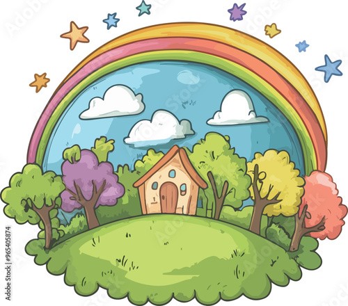 Whimsical Rainbow Cottage Illustration