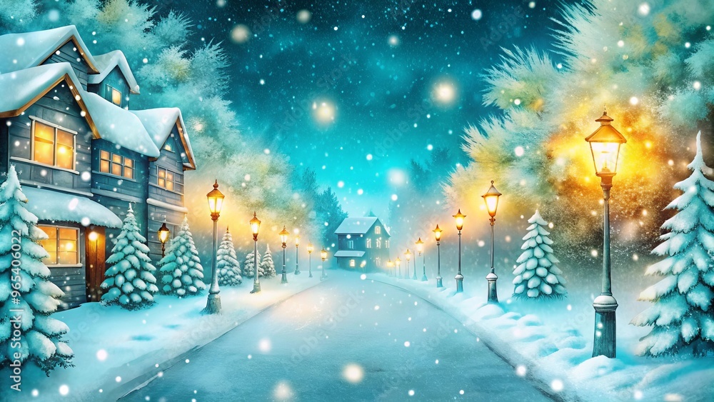 Snowy winter street with illuminated houses and trees.. Snowy winter street with illuminated houses and trees..