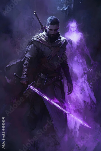 A strong looking mage in his thirties with a short beard, wielding a short sword glowing with dark purple energy