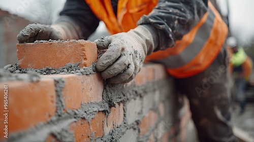 A worker in a safety vest laying bricks to form a straight wall, with mortar being applied between the bricks. photo