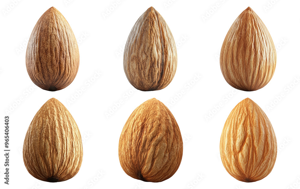 Set of almond nuts in shell with detailed textures isolated on transparent background Set of almond nuts in shell with detailed textures isolated on transparent background