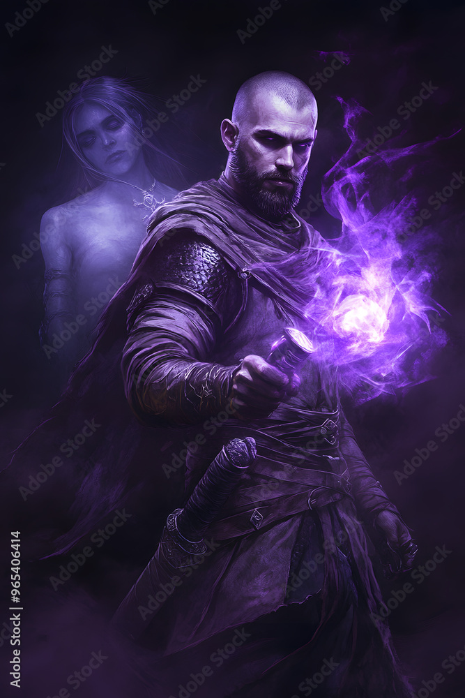 A strong looking mage in his thirties with a short beard, wielding a short sword glowing with dark purple energy