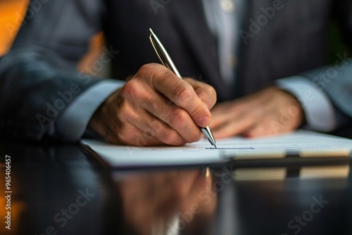 High angle shot of a businessman's hand signing a contract. Suitable for business and legal themed photoshoots.