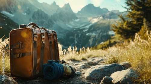 Adventurer's suitcase beside a mountain trail, filled with camping gear.