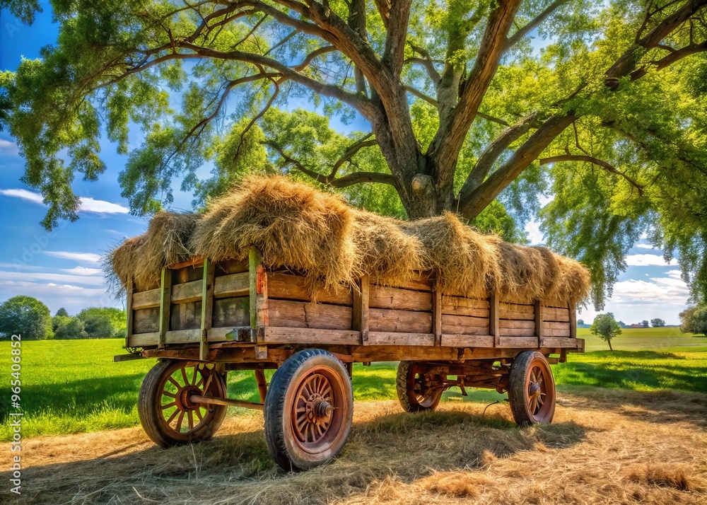 Obraz premium A rustic, weathered wooden wagon loaded with freshly cut hay, parked under a shade tree on a sunny rural farm.