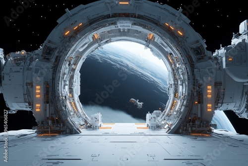 This futuristic image captures a space station with a gateway view of Earth from orbit, illustrating advanced space exploration and the marvels of outer space technology. photo