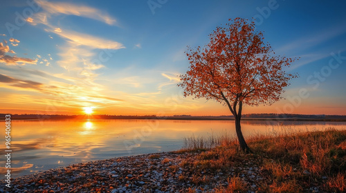 Lone Tree at Sunset: Autumn's Final Beauty. Generative AI