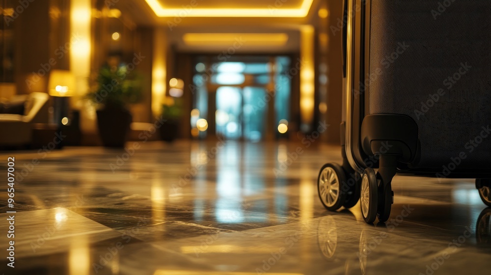 Close-up of suitcase wheels rolling smoothly through a hotel lobby. Close-up of suitcase wheels rolling smoothly through a hotel lobby.