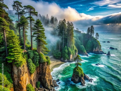 Misty coastal fog enfolds ancient redwoods, their towering canopies a deep emerald, stretching towards the rugged shoreline's rocky outcroppings. photo