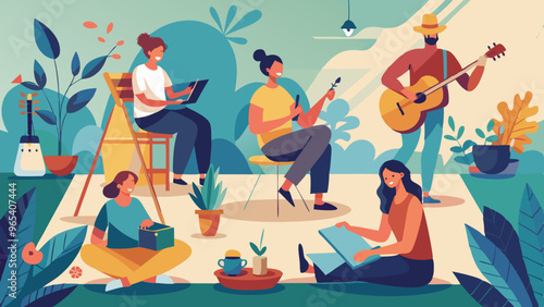 People engaging in relaxing hobbies like painting, knitting, gardening, or playing music.
