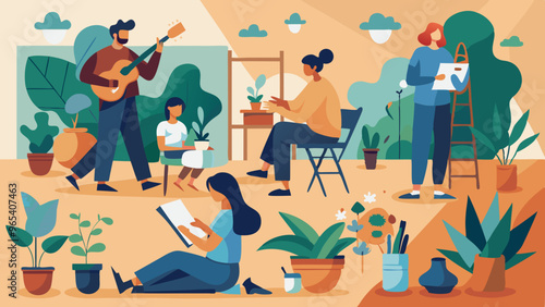 People engaging in relaxing hobbies like painting, knitting, gardening, or playing music.
