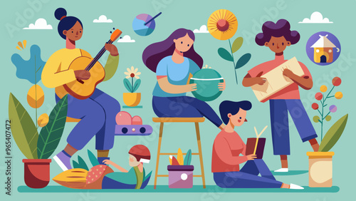 People engaging in relaxing hobbies like painting, knitting, gardening, or playing music.
