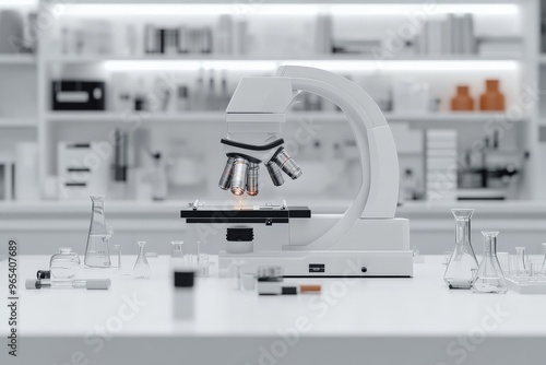 An image of a microscope amid various laboratory equipment on a white tabletop, showcasing a pristine and advanced research environment for detailed scientific studies. photo