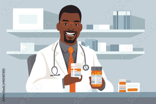 African American Doctor Holding Antidepressant Medication Bottle, Offering Help for Psychological Stress and Mental Health Issues