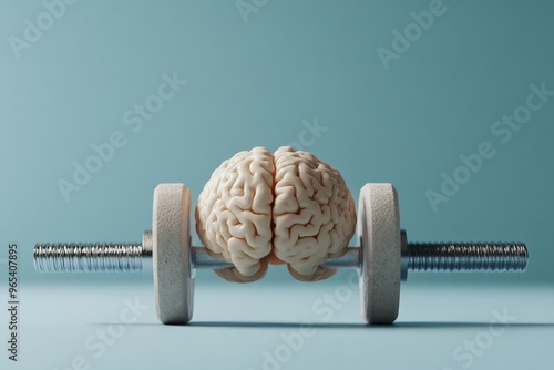 A creative representation of a brain model lifting a dumbbell, symbolizing the concept of mental strength and the importance of exercising the brain to keep it sharp and resilient.