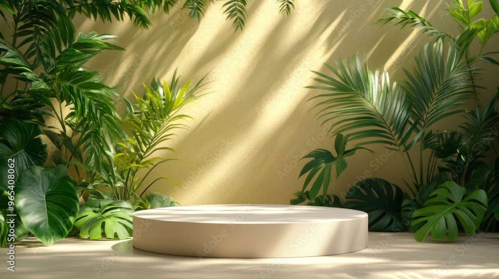 A stylish pastel mint podium is surrounded by lush tropical leaves set against a warm yellow background, creating a perfect showcase for products in a minimalistic design A stylish pastel mint podium is surrounded by lush tropical leaves set against a warm yellow background, creating a perfect showcase for products in a minimalistic design